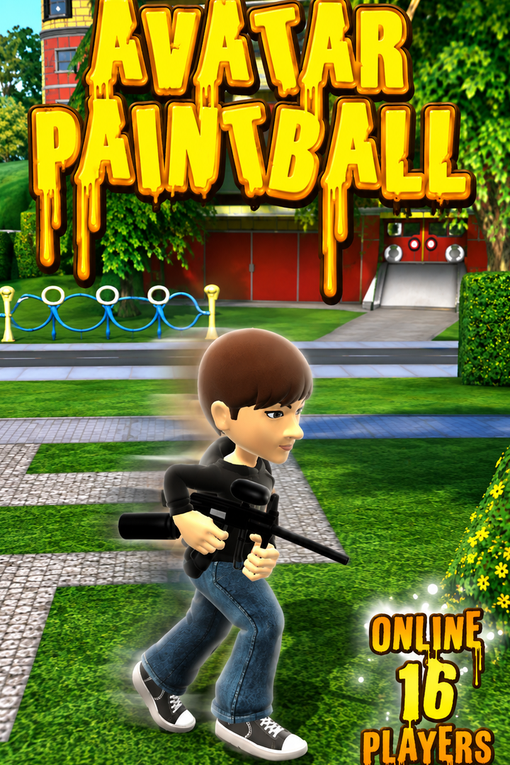 Avatar Paintball cover with a player carrying a paintball marker in a colourful arena