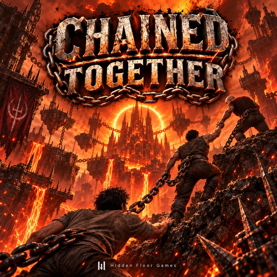 Chained Together cover: teammates linked by chains climbing above a fiery landscape
