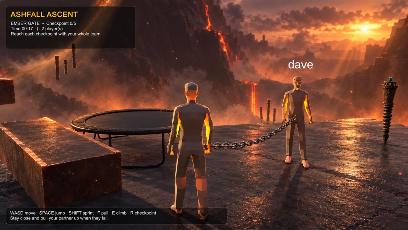 Two chained teammates navigating a course above lava in Chained Together