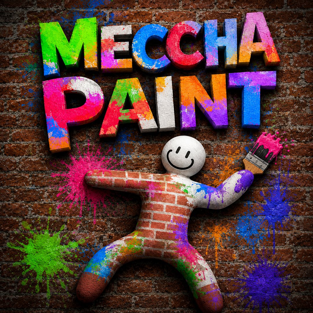 Meccha Paint cover: a smiling painted character against a colourful brick wall