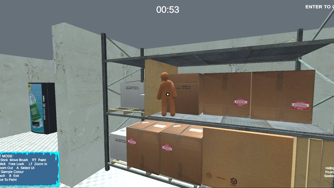 A Meccha Paint Free player camouflaging beside boxes on a warehouse shelf