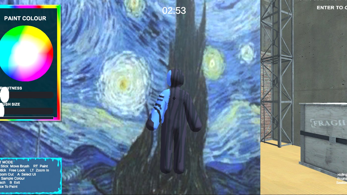 A Meccha Paint player using the colour wheel to camouflage against a painted wall