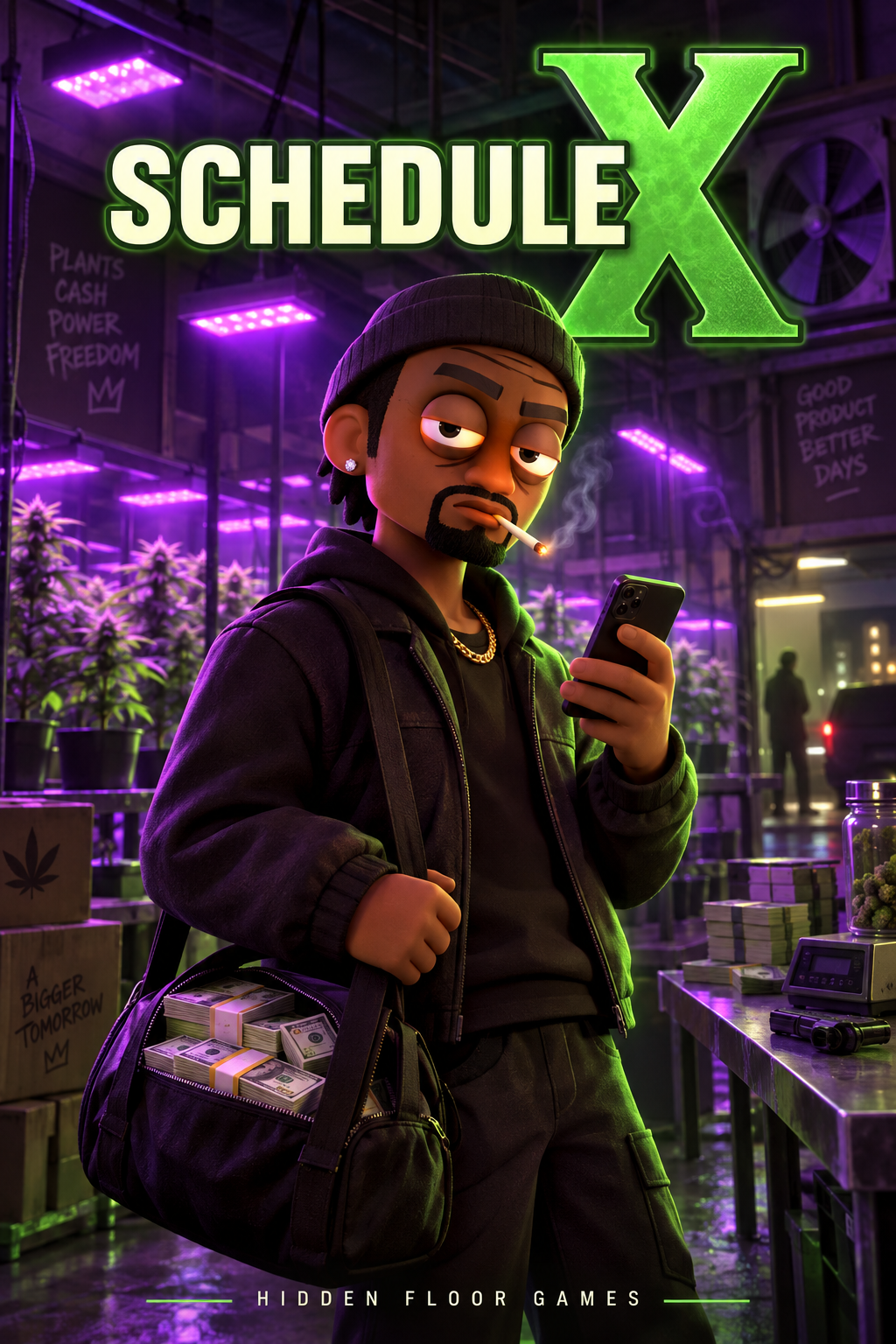 Schedule X cover artwork with a character in a purple-lit room and the Hidden Floor Games name
